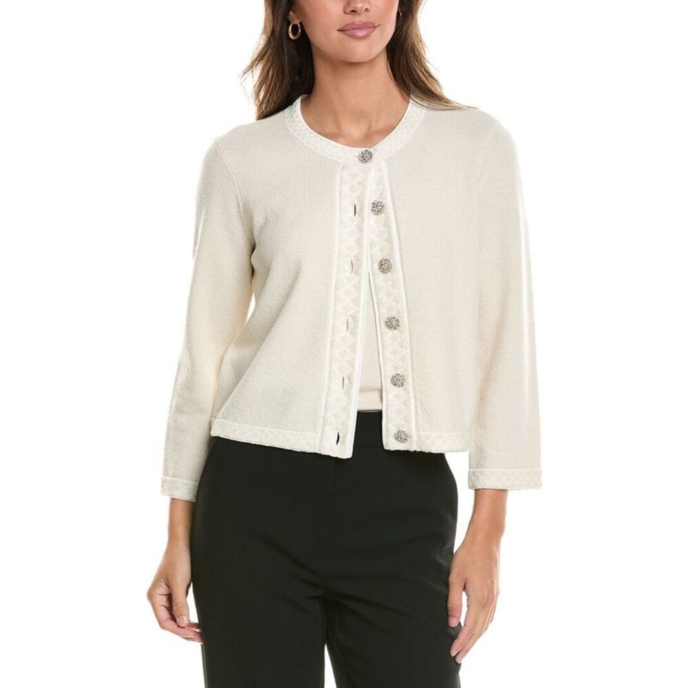 St. John Womens  3/4-Sleeve Crew Wool-Blend Cardigan, White